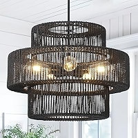 22" Boho Wood Beaded Chandelier Farmhouse Rattan Pendant Light Fixtures Bohemia Large Rattan Chan... | Amazon (US)