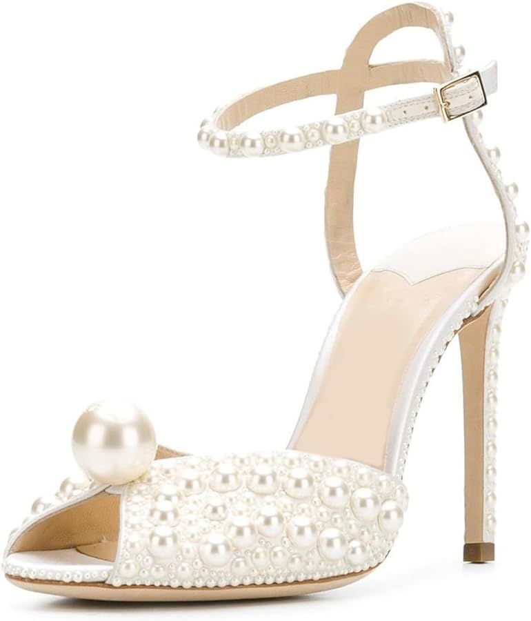 Womens Peep Toe Stiletto Heeled Sandals Shiny Pearl Buckle Ankle Strap Wedding Pumps Dress Evenin... | Amazon (US)
