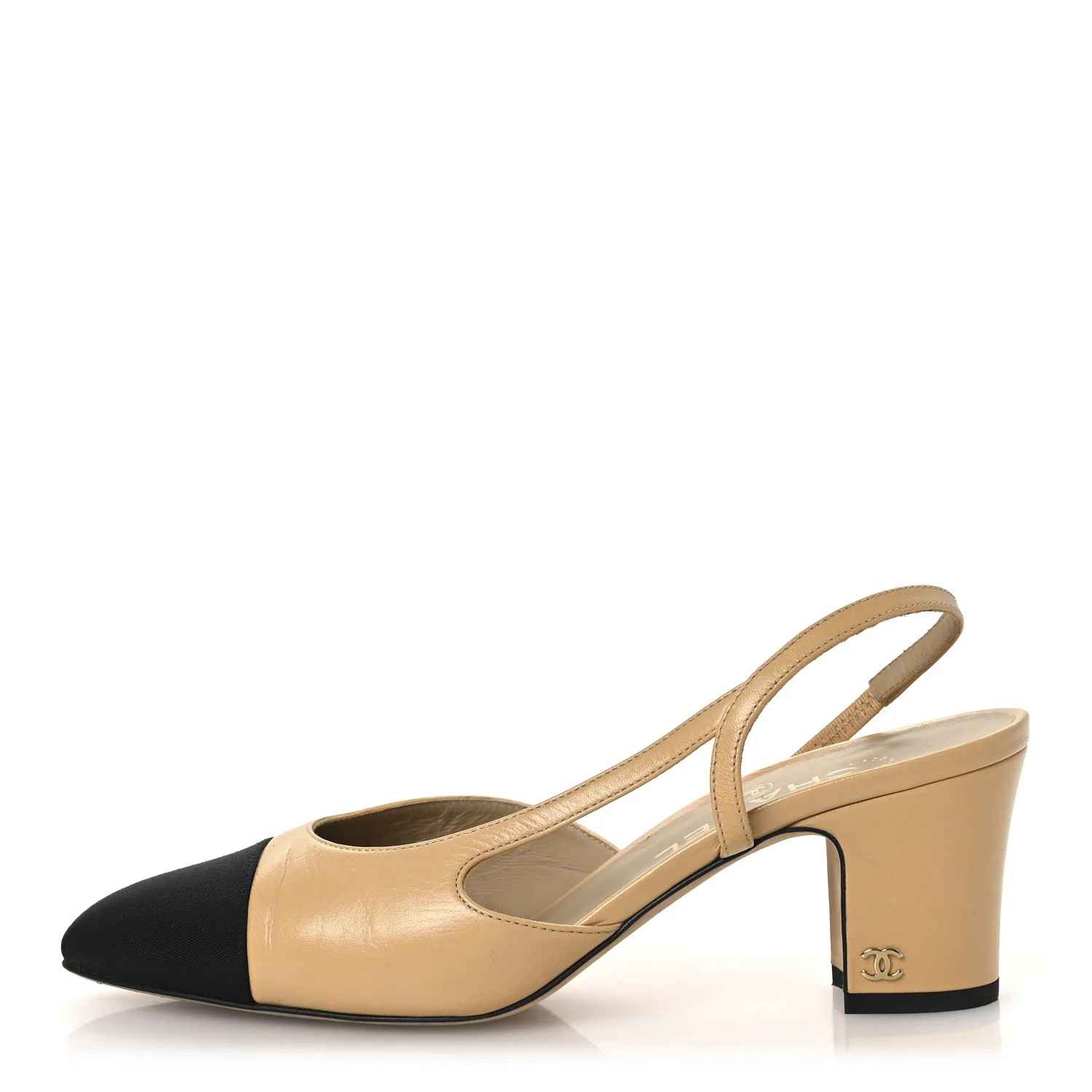 Chanel Goatskin Grosgrain Cap Toe CC Slingback Pumps 38.5 Beige Black | FASHIONPHILE (US)