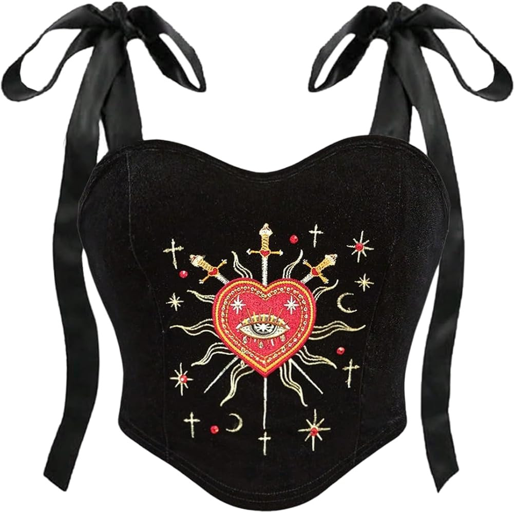 SHENHE Women's Plus Size Y2k Gothic Velvet Corset Bustier Embroidered Tie Shoulder Crop Cami Tank | Amazon (US)