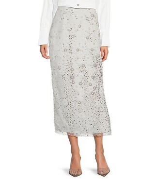 Muse by Marchesa Freesia 3D Embroidery Mesh Floral Midi Pencil Skirt | Dillard's | Dillard's