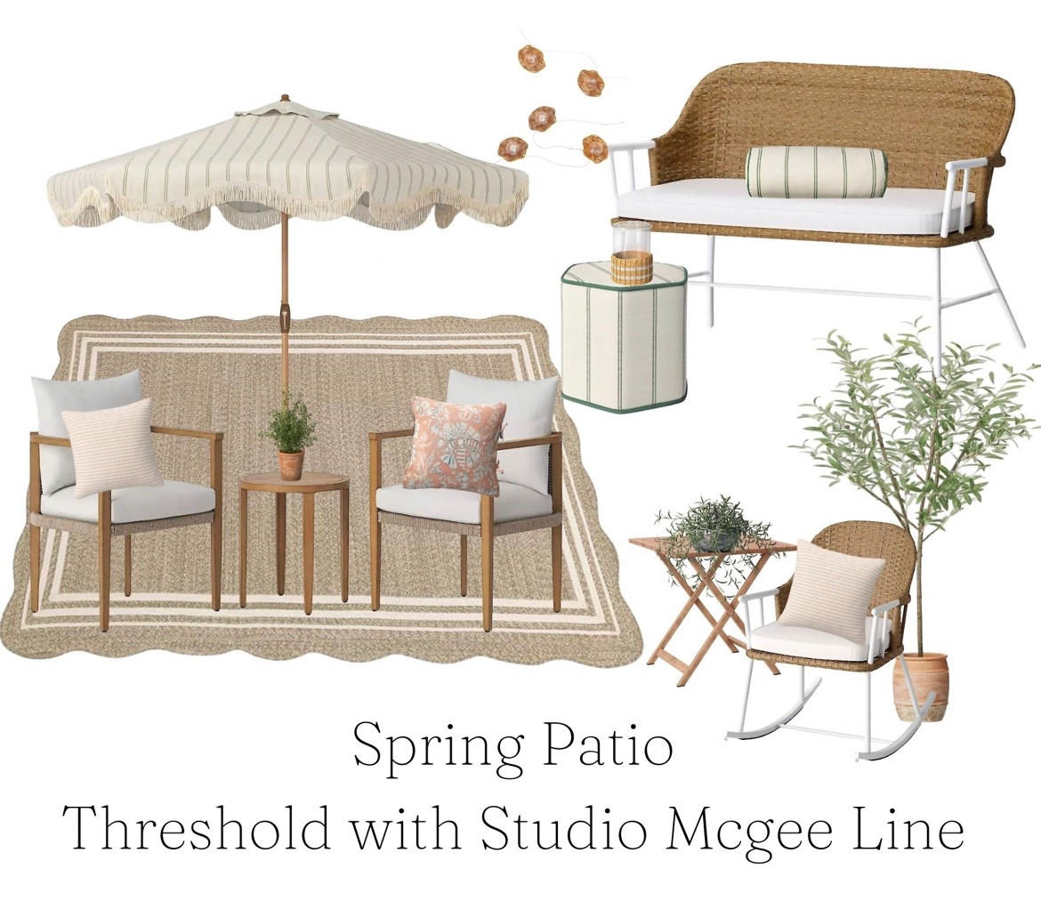 Spring Patio with Threshold by Studio McGee from Target. Outdoor seating with umbrella, outdoor rug, outdoor seating, outdoor string lights, and faux plants. 

#LTKFamily #LTKHome #LTKSeasonal