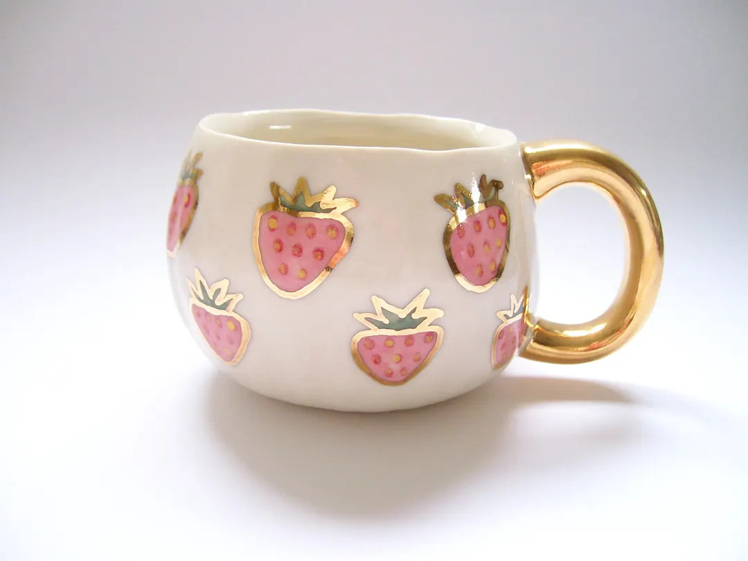 Pink Strawberry Mug With Gold - Etsy | Etsy (Global)