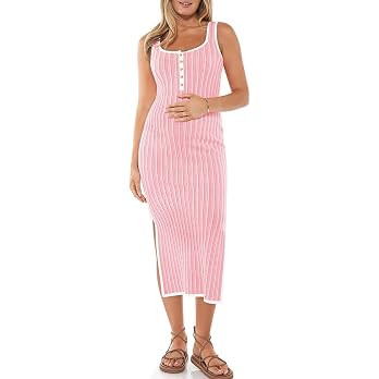 Summer Maternity Dress Rib Knit Sleeveless Button Bodycon Nursing Dresses Side Slit Stretchy Preg... | Amazon (US)