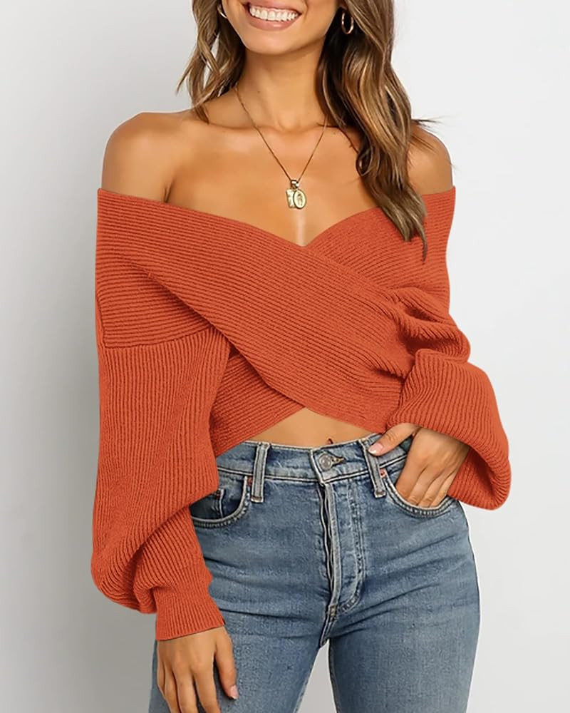 BTFBM Off The Shoulder Sweater for Women Winter Fall Fashion 2026 V Neck Long Sleeve Ribbed Knit ... | Amazon (US)