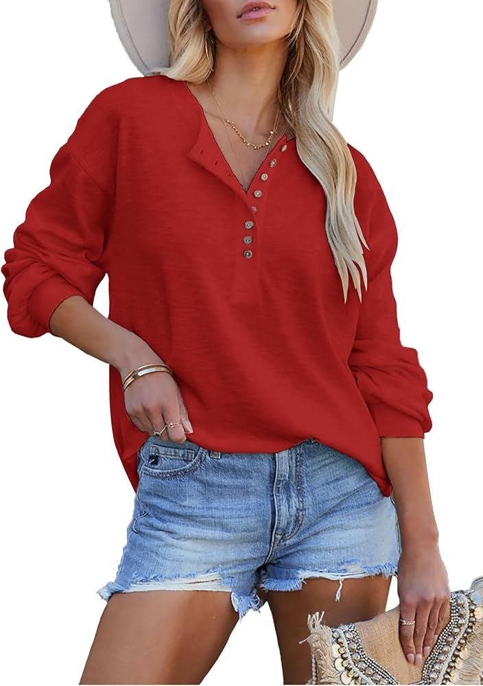 Topstype Womens Long Sleeve Henley Tops Oversized T Shirts Loose Fit Tunics to Wear with Leggings | Amazon (US)