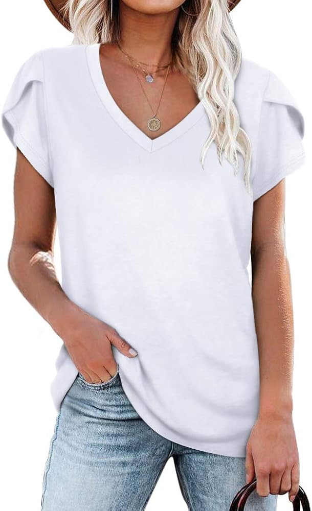 WIHOLL Womens Tops V Neck Summer Petal Sleeve Casual Tshirts | Amazon (US)