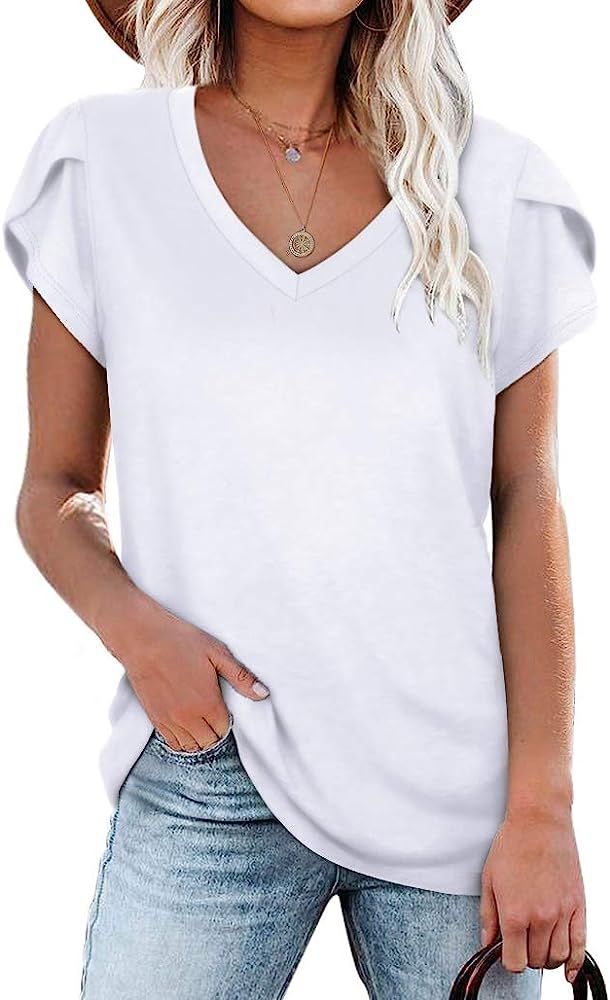 WIHOLL Womens Tops V Neck Summer Petal Sleeve Casual Tshirts | Amazon (US)