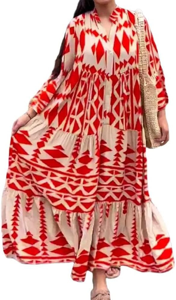 HOTYD Women Boho Floral Maxi Dress Flowy Casual Lantern Long Sleeve Azect Geometric Print Fall Bu... | Amazon (US)
