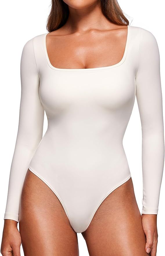 CRZ YOGA Butterluxe Square Neck Long Sleeve Bodysuit for Women Sexy Thong Bodysuits Tops Soft Str... | Amazon (US)