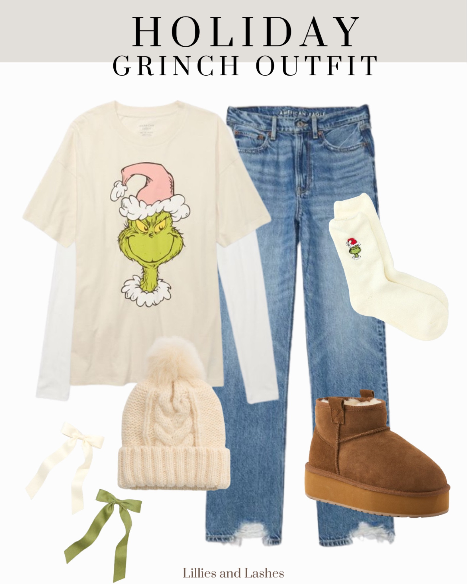 American eagle holiday outfit 
Grinch tee, white long sleeve bodysuit , wide leg jeans, Ugg ultra minis, grinch tote bag, grinch socks

#LTKHoliday #LTKSeasonal #LTKGiftGuide