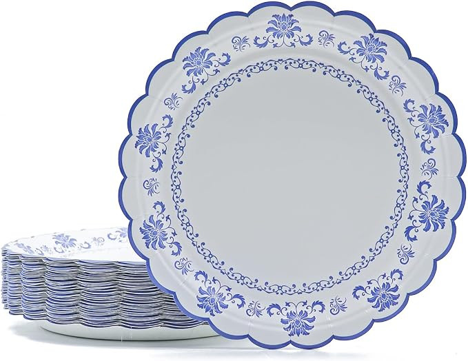 Blue Floral Paper Plates – 48PCS Blue and White Paper Plates, 9" Scalloped Vintage Style for We... | Amazon (US)