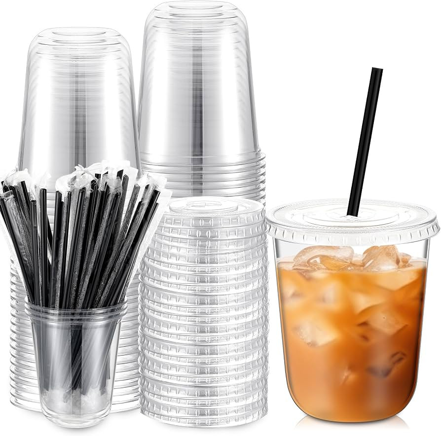Ziliny 50 Set Clear Plastic Cups with Lids and Straws, Disposable Iced Coffee PET Cups for Drinki... | Amazon (US)