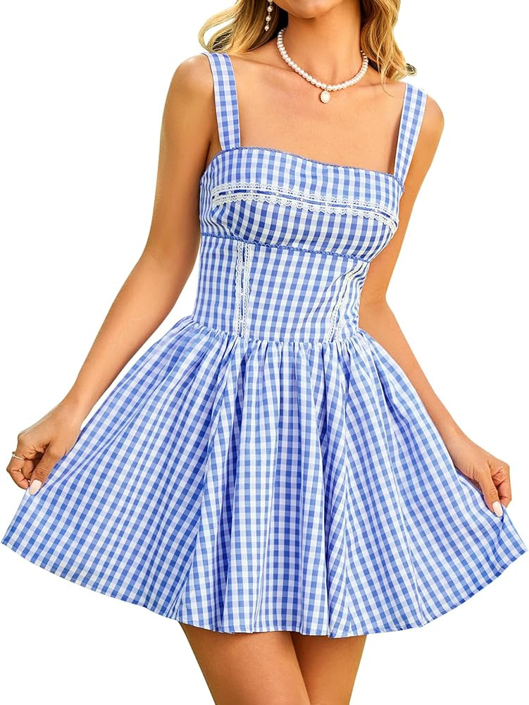 KUTUMAI Summer Gingham Mini Dress Corset Square Neck Lace Up Casual Sundress Flowy A Line Short D... | Amazon (US)