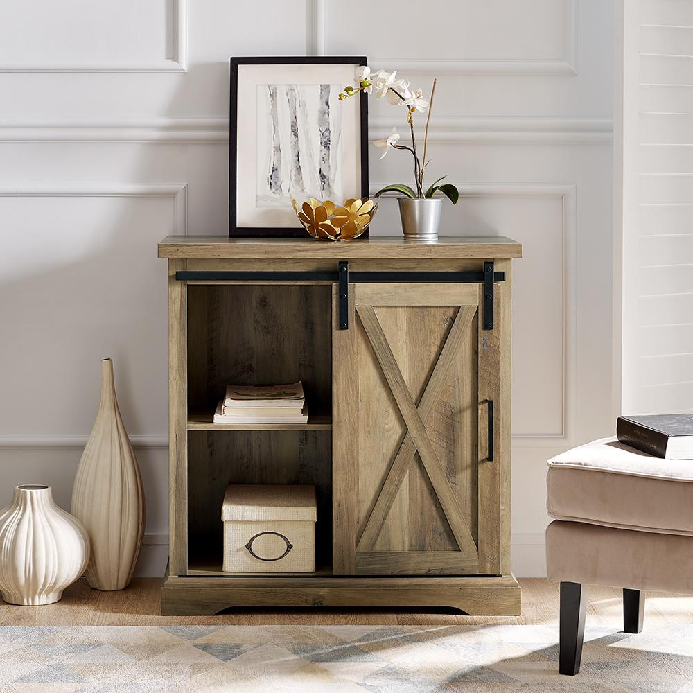 Walker Edison Furniture Company 32 in. Rustic Oak Rustic Farmhouse Sliding Barn Door Rustic Accent C | The Home Depot