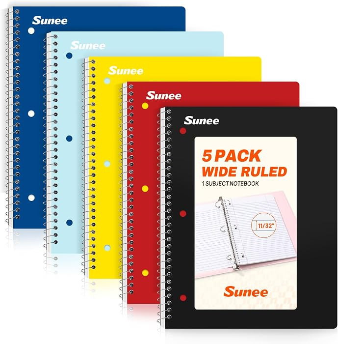 SUNEE Spiral Notebooks, 1-Subject, 5 Pack, Wide Ruled Paper, 8" x 10-1/2", 70 Sheets per Notebook... | Amazon (US)