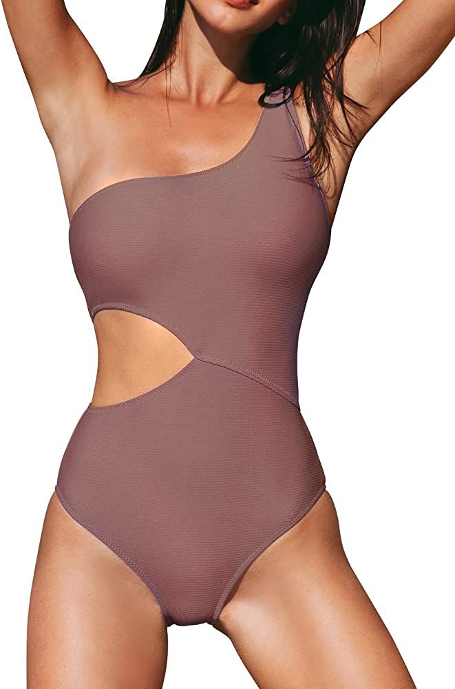 CUPSHE Women's One Piece Ribbed Cut Out Side One Shoulder Swimsuit | Amazon (US)