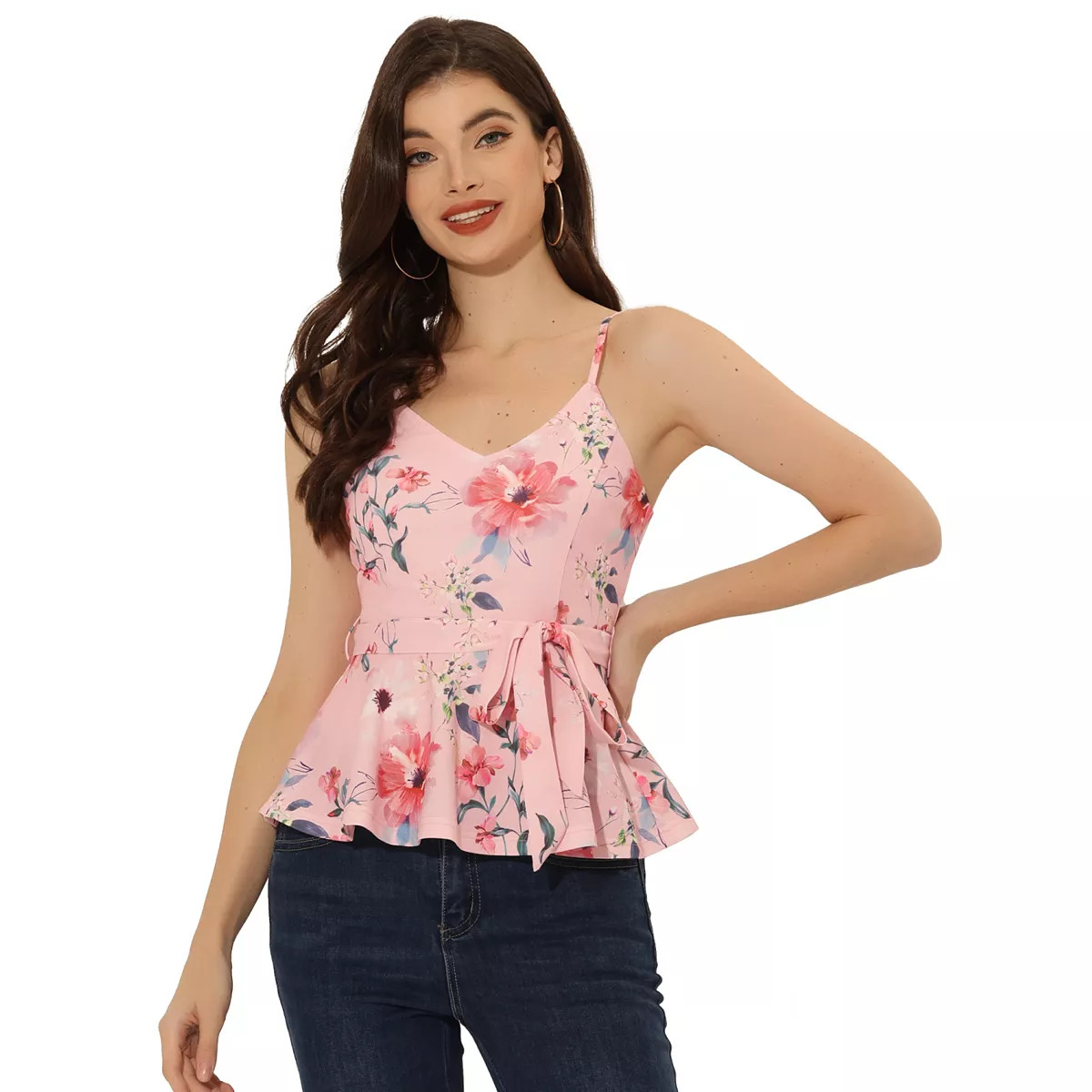 Women's Floral Cami Sleeveless Tank Top V Neck Tie Waist Peplum Blouse | Kohl's