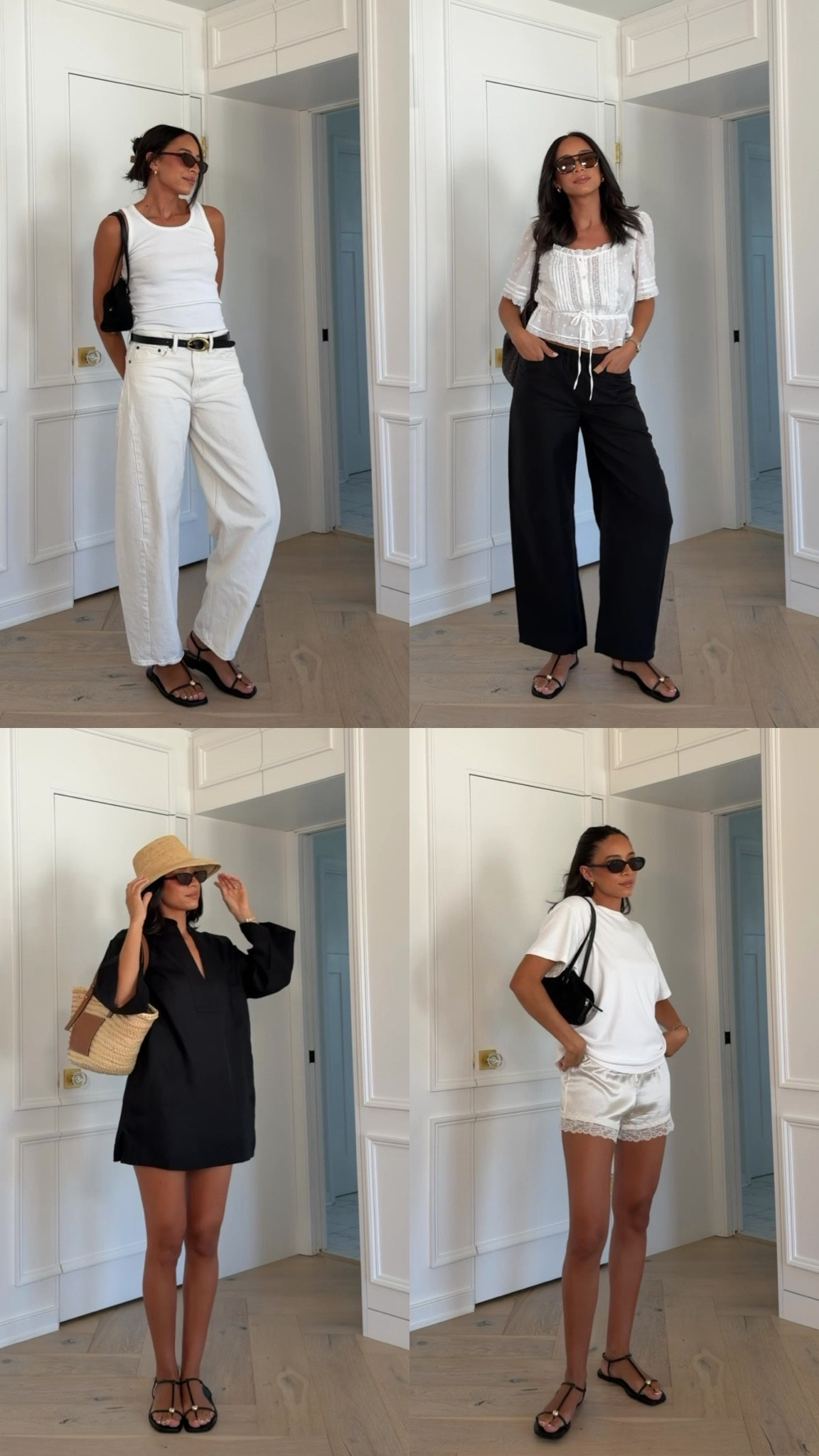 the IT sandal for summer!! minimalist, so chic, and so easy to style🖤 Sizing details below 👇🏽

White tank - size S 
Ecru barrel jeans - size 28 long 
Lace top - size S 
Black pants - size S 
Black linen dress - size S 
White tee - size S 
Satin shorts - size S 

summer outfit, summer fashion, summer shoes, summer sandals, how to style, mom outfit, mom fashion, postpartum outfit