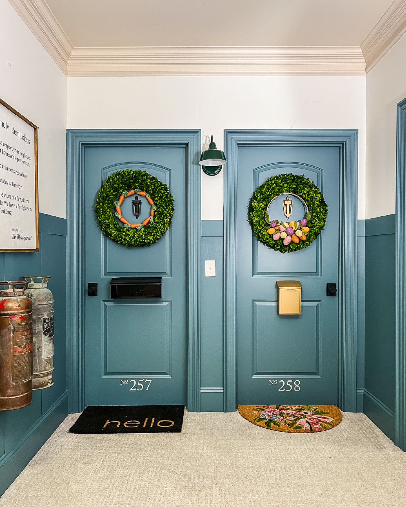 Our girls bedroom doors / “apartment doors“ are ready for spring! I spray-painted the mailbox on the right gold. Spring wreaths, preserved boxwood wreaths, spring doormat, hello doormat, mailboxes, Spring decor, spring home decor, colorful home decor, colorful doormat, carrot wreath, egg wreath

#LTKunder50 #LTKhome #LTKFind