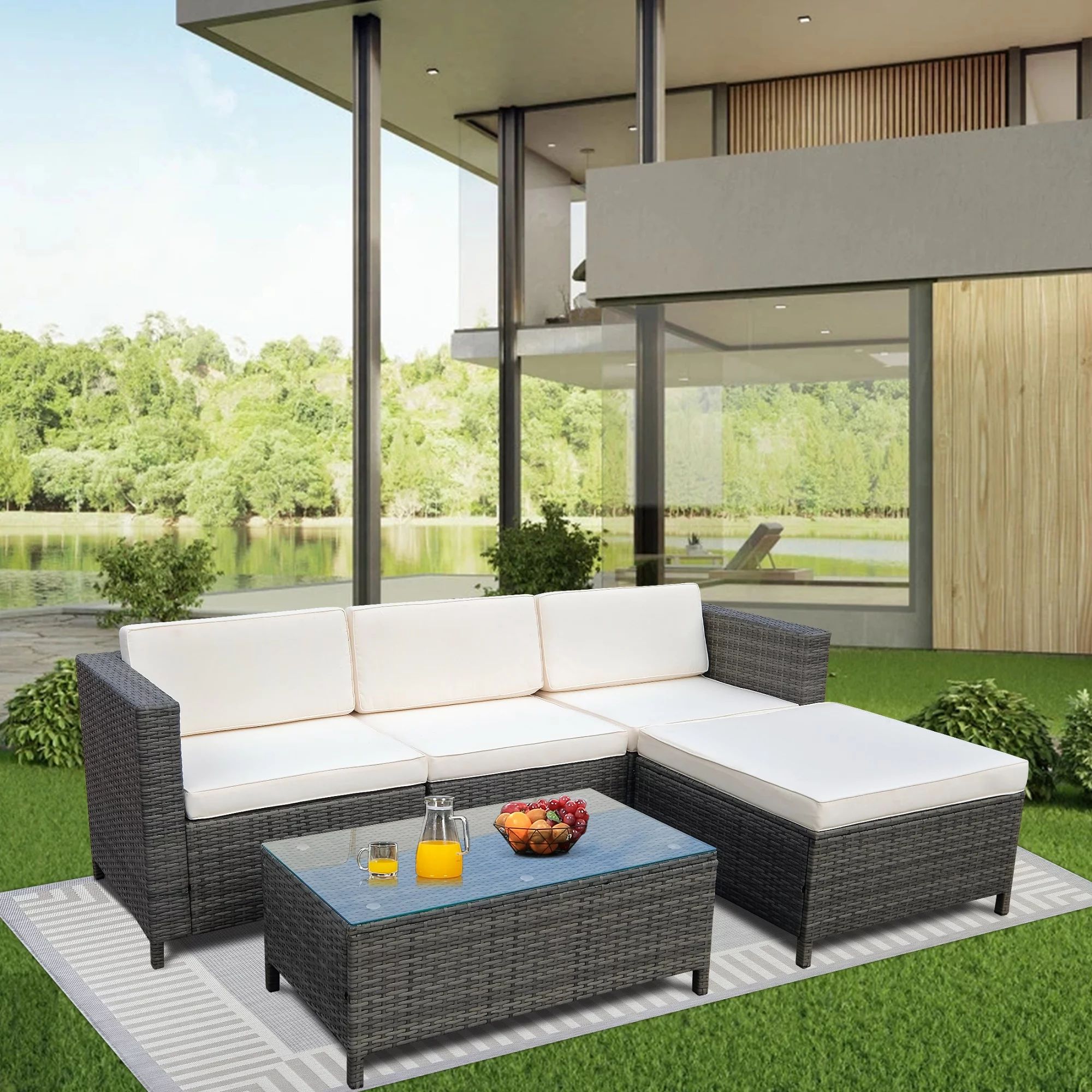 Cozyhom Outdoor Patio Furniture Set 5 Pcs Wicker Rattan Sectional Sofa Set with Ottoman,Beige - W... | Walmart (US)