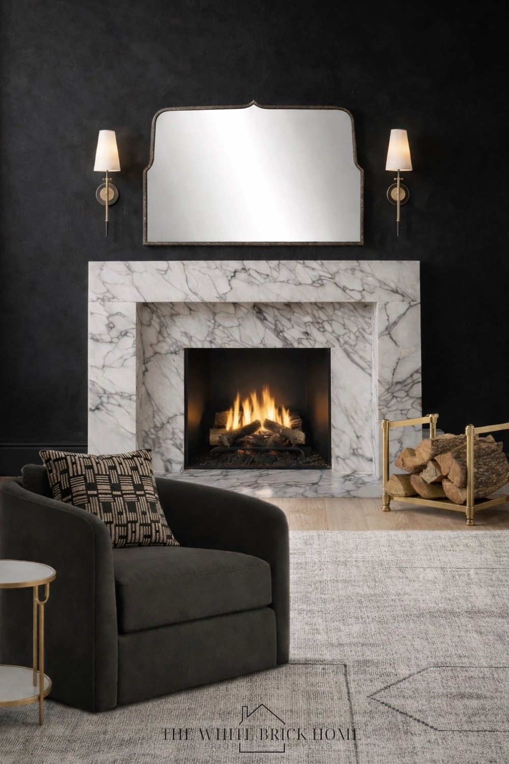 Moody Roman clay walls meet timeless marble and brass for a fireplace memby that feels bold and elevated. 
🖤🖤
Fireplace, fireplace surround, living room, living room decor, living room ideas, living room wall sconce, living room decor, living room accent chair, side table, wall mirror, mantle mirror, pottery barn, cb2, crate and barrel 


#LTKSeasonal #LTKSaleAlert #LTKHome