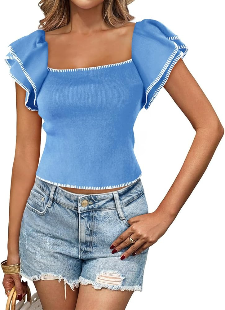 Saodimallsu Womens Cropped Ruffle Short Sleeve Sweater Square Neck Crop Knit Tops Summer Lightwei... | Amazon (US)