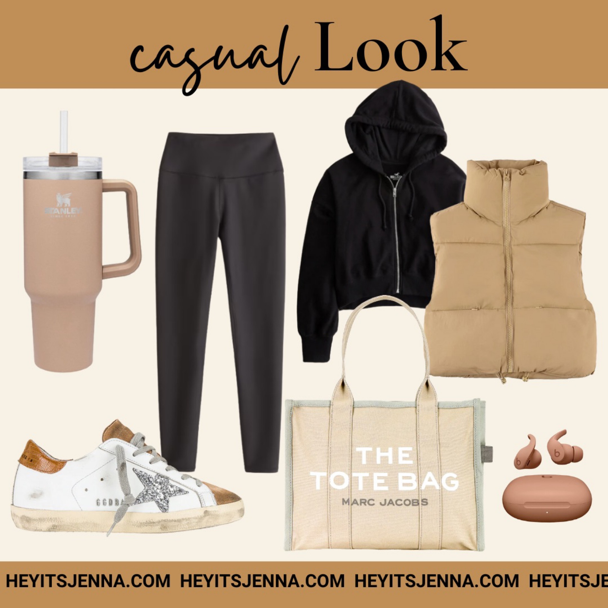 Casual outfit for running errands 
Amazon cropped puffer vest 
Beats air buds pro Marc Jacobs tote bag from revolve and Stanley mug 