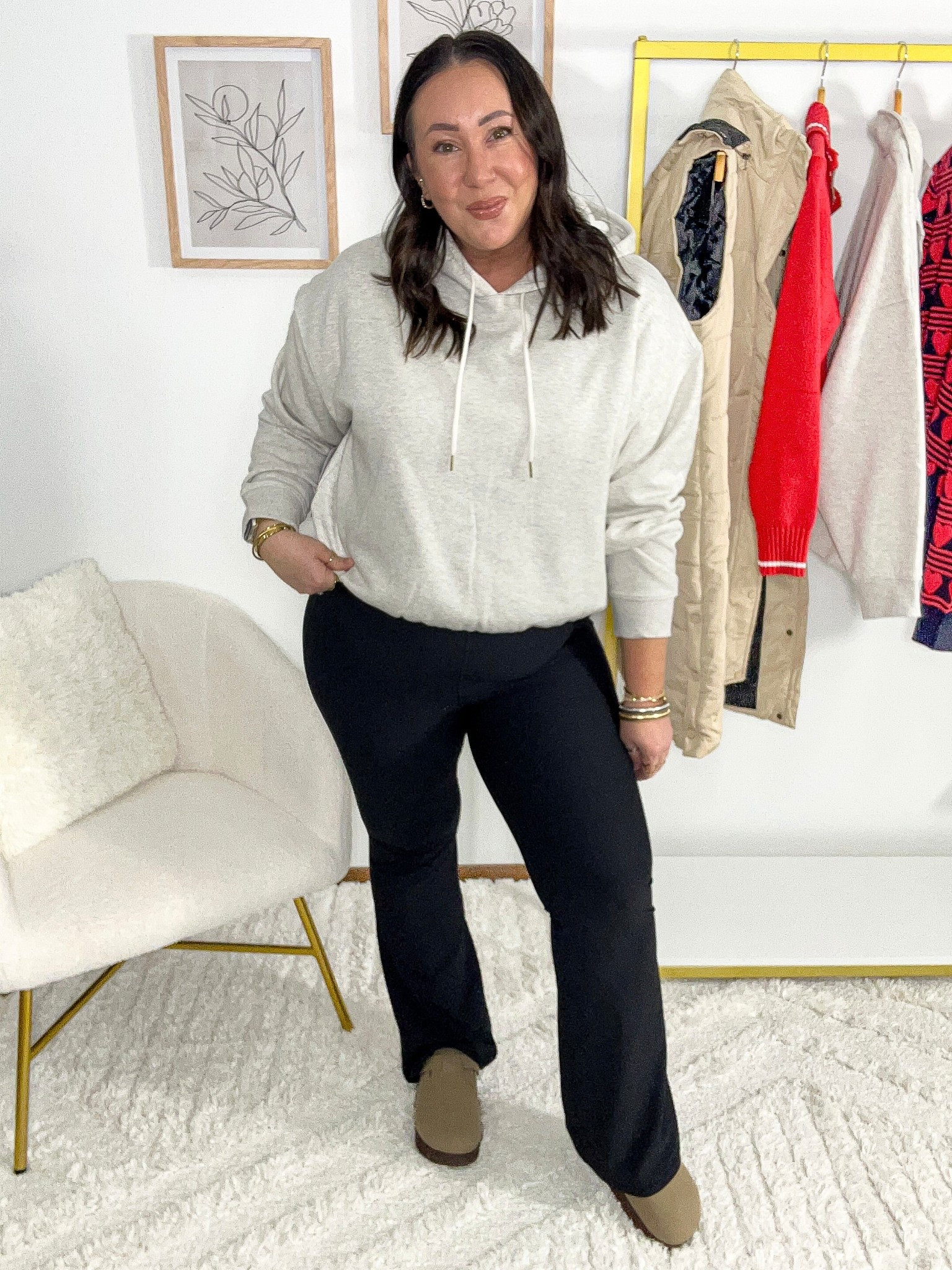 Loving these new bubble hem hoodies! Only $19.98! Wearing a large for a more fitted look! Large flare leggings. Clogs run true to size.  XL tee for all the layering  

#LTKOver40 #LTKFindsUnder50 #LTKPlusSize