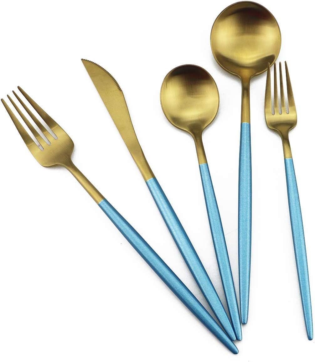 Gugrida Blue Gold Flatware, Royal 5 Piece Matte Blue Handle 18/10 Stainless Steel Tableware Sets ... | Amazon (US)