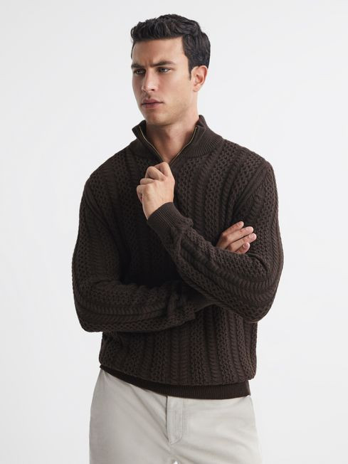 Reiss Chocolate Bantham Cable Knit Half-Zip Funnel Neck Jumper | Reiss UK