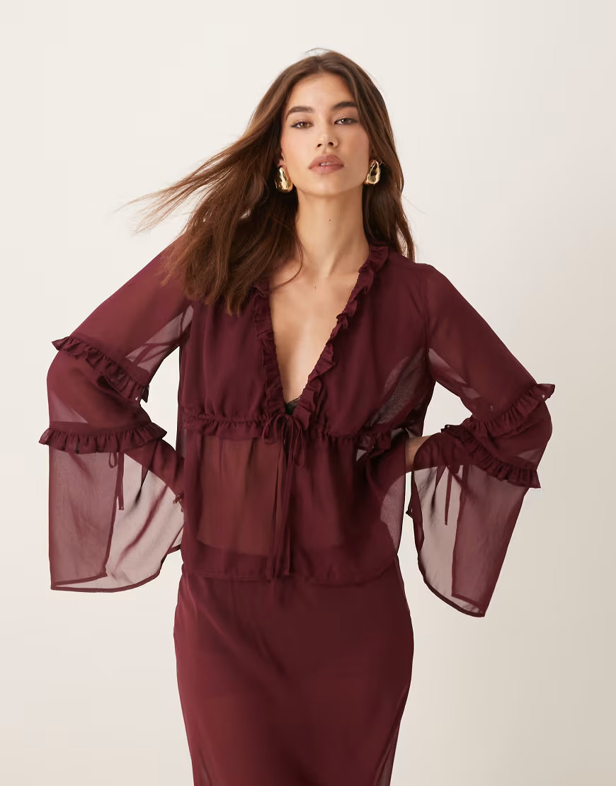 ASOS DESIGN chiffon ruffle detail blouse in burgundy-Red | ASOS (Global)