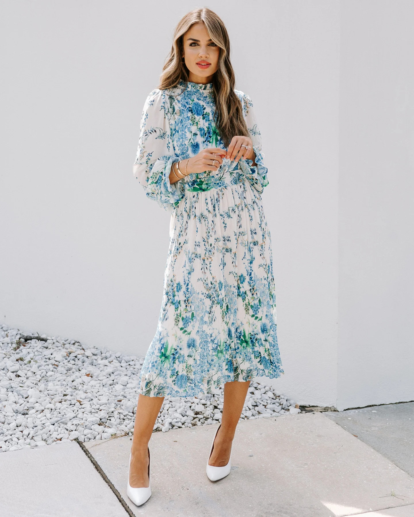 Tempe Floral Ruffle Midi Dress - Blue | VICI