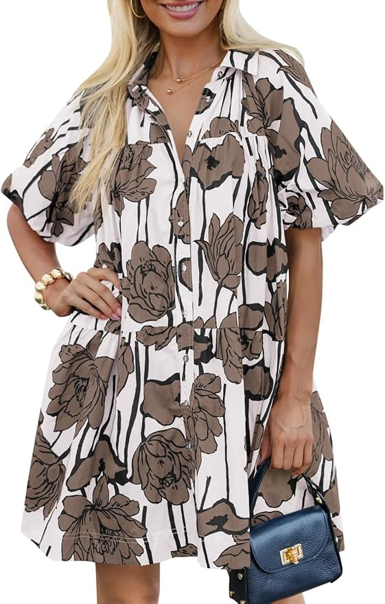Wenrine Women's Summer Button Down Shirt Dress Floral Puff Short Sleeve Casual Loose Fit Beach Mi... | Amazon (US)