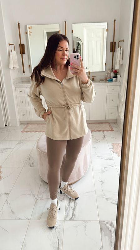 curvy neutral athleisure outfit! wearing size 10 in jacket and leggings 

#LTKSeasonal #LTKmidsize #LTKfitness