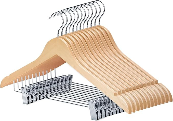 HOUSE DAY 24 Pack High-Grade Wooden Suit Hangers Skirt Hangers with Clips Solid Wood Pants Hanger... | Amazon (US)