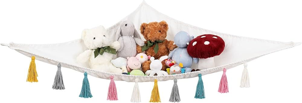 Mkono Stuffed Animal Toy Hammock Hanging Macrame Stuff Animals Organizer Storage with Colorful Ta... | Amazon (US)