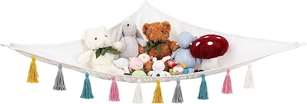 Mkono Stuffed Animal Toy Hammock Hanging Macrame Stuff Animals Organizer Storage with Colorful Ta... | Amazon (US)