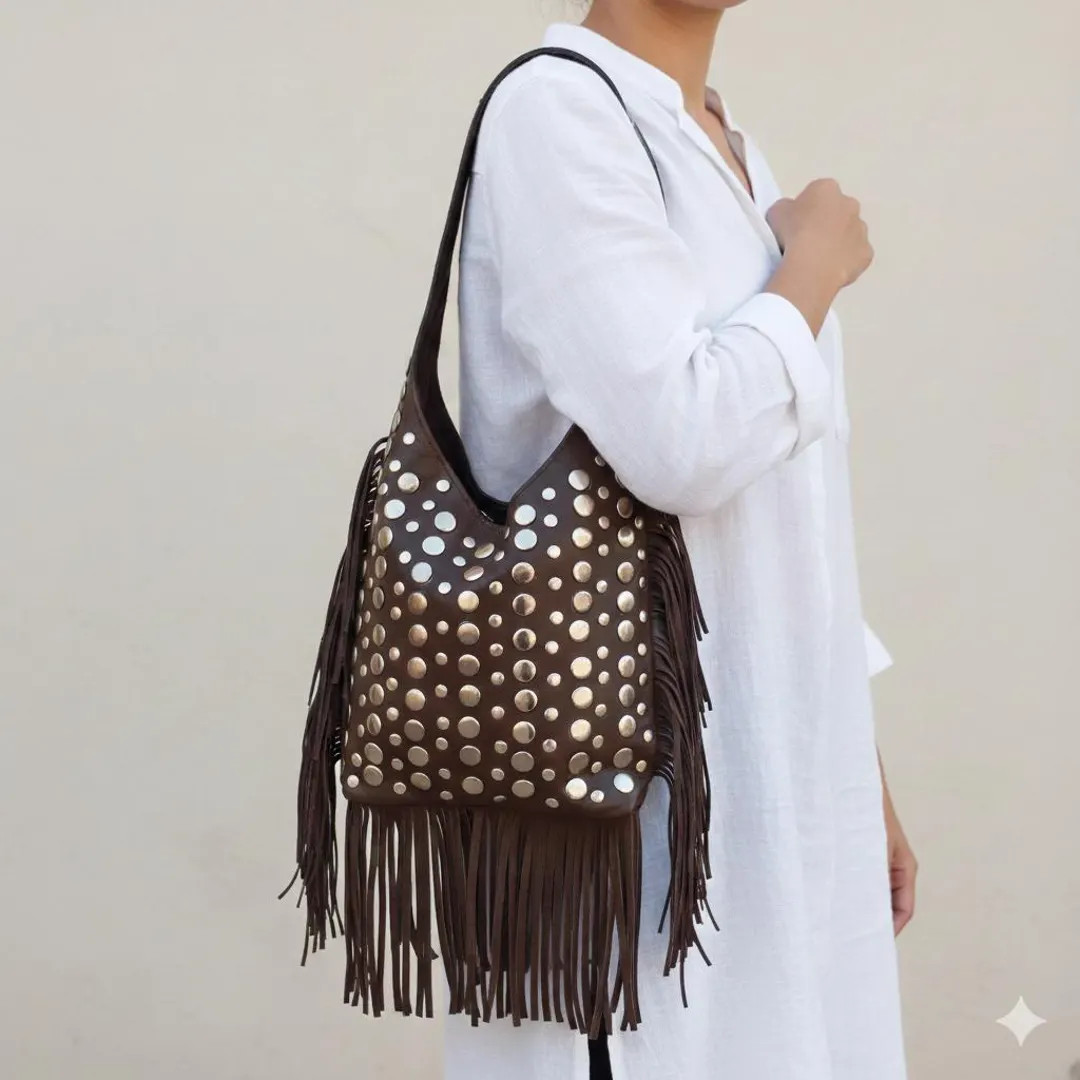 Genuine Leather Fringe Bag Women – Brown Boho Crossbody Purse – Handmade Studded Shoulder Bag | Etsy ROW