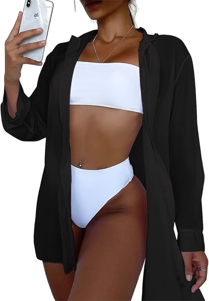 SHENHE Women's Sheer Button Up Long Sleeve Beach Kimono Cover Up Shirt Sun Dresses | Amazon (US)