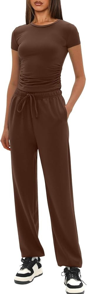 Darong Womens 2 Piece Outfit Sets Short Sleeve Crew Neck T Shirts with Jogger Pants Active Tracks... | Amazon (US)