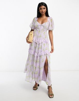 ASOS DESIGN open back lace insert midi tea dress in lilac ditsy floral | ASOS (Global)
