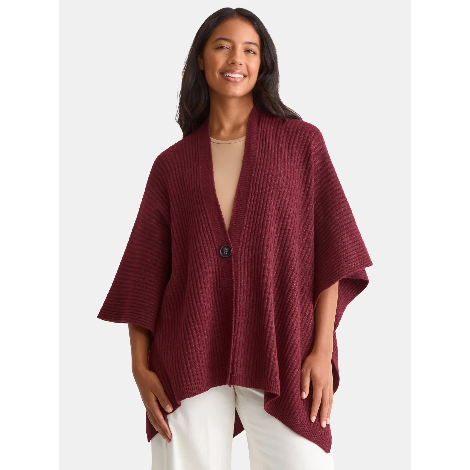 Time and Tru Women's Rib Knit Fashion Coverup with Button, One Size, Burgundy | Walmart (US)