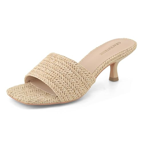 GRACESTRIDE Raffia Kitten Heels for Women Woven Square Toe Mules Slip On Slide Sandals Summer Dress Shoes for Beach Vacation and Casual Outfits(7.5,Khaki) | Amazon (US)