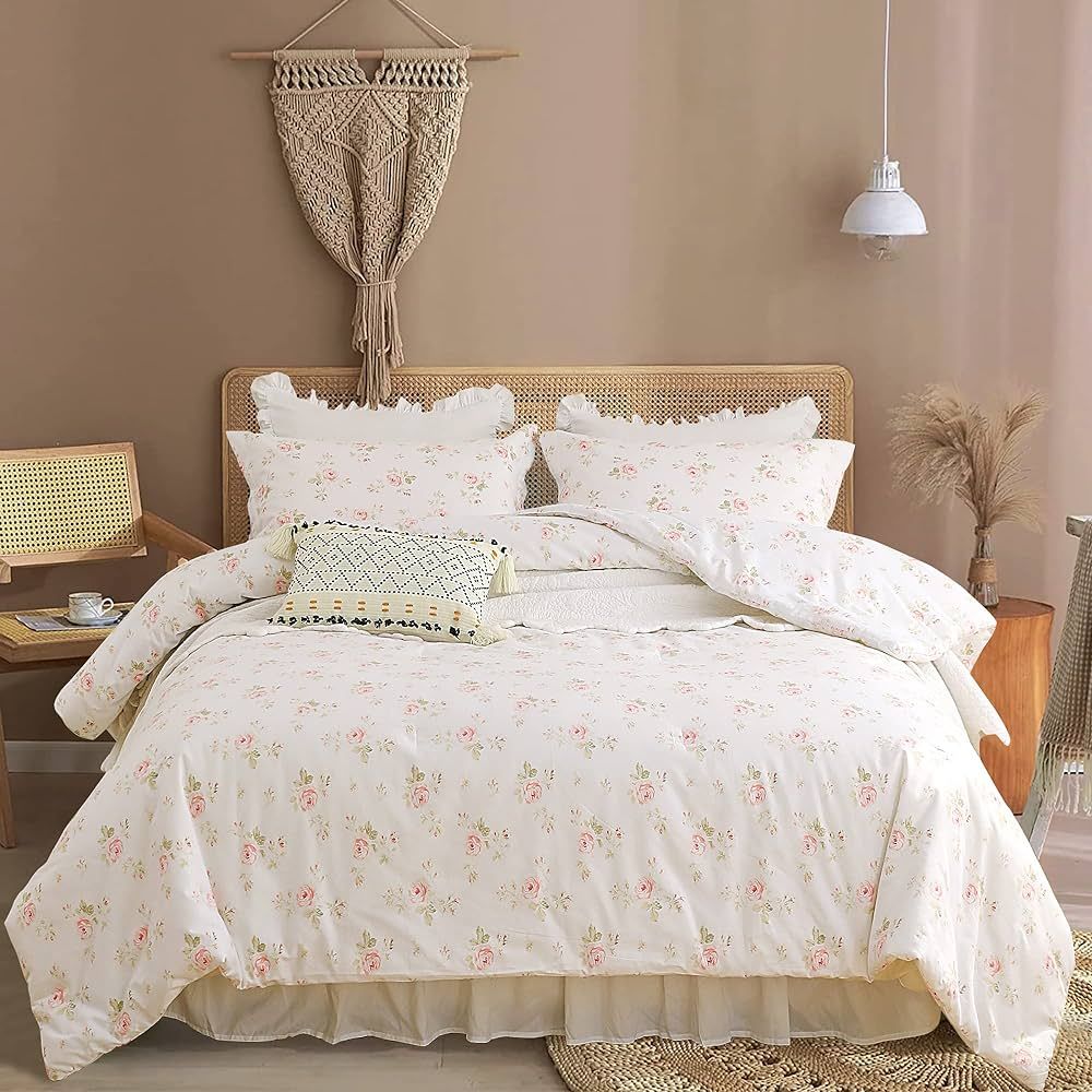 CozyTide Floral Queen Comforter Set, 100% Cotton Comforter White Rose Flower Leaf Bontical French... | Amazon (US)