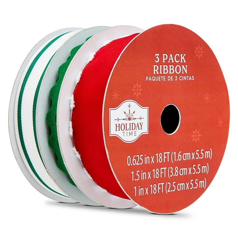 Assorted Red, White, and Green Christmas Ribbons, 18', 3 Count, by Holiday Time | Walmart (US)