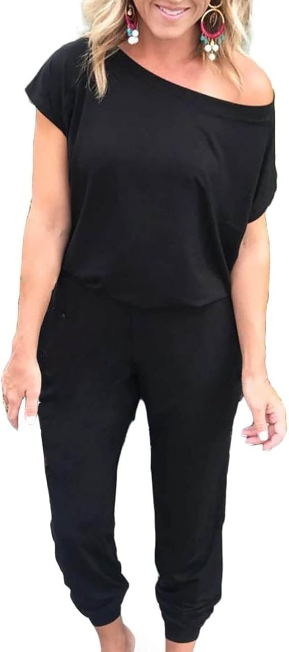 Alelly Women's Loose Fit Off Shoulder Elastic Waist Beam Foot Jumpsuit Rompers with Pockets | Amazon (US)