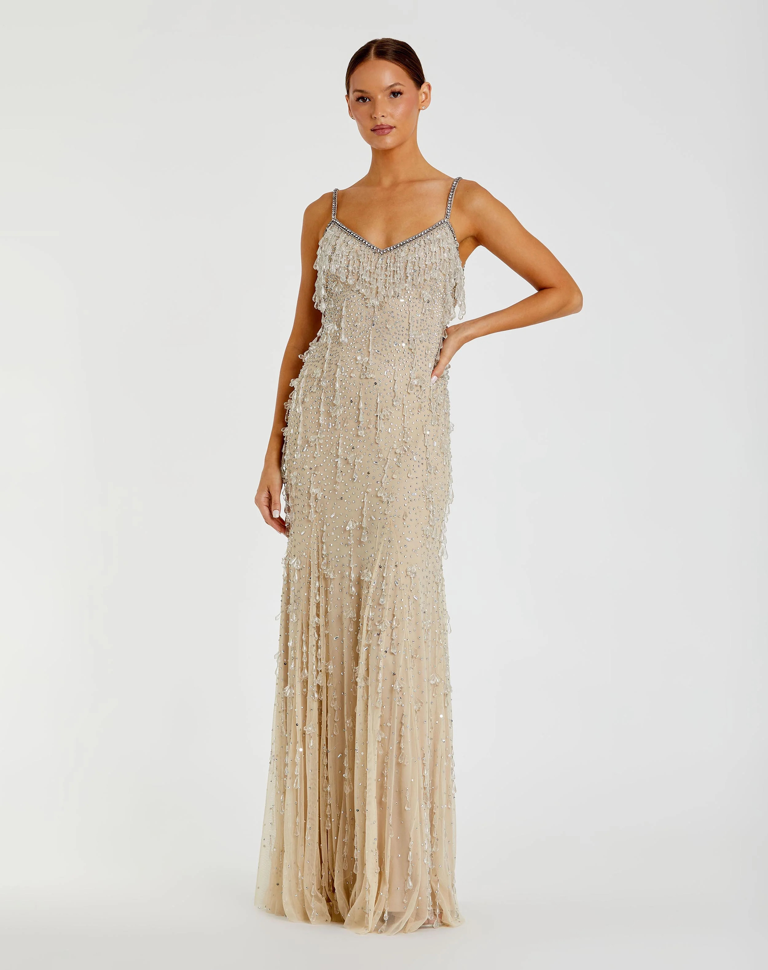 Beige Thin Strap Net Embellished V Neck Gown - Mac Duggal | Mac Duggal