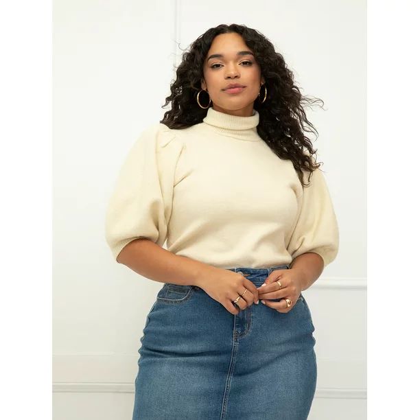 ELOQUII Elements Women's Plus Size Puff Sleeve Turtleneck Sweater - Walmart.com | Walmart (US)