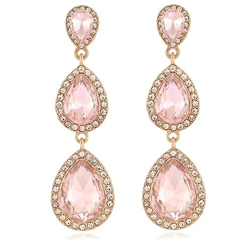 Light Pink Rhinestone Teardrop Dangle Earrings Cute Crystal Long Chandelier Drop Earrings for Wedding Prom Costume | Amazon (US)